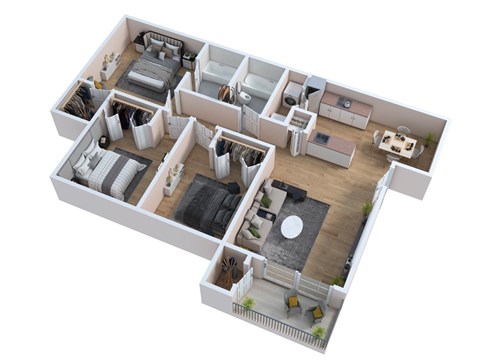 A 3D floor plan of a house with two bedrooms, a living room, a kitchen, and a bathroom.